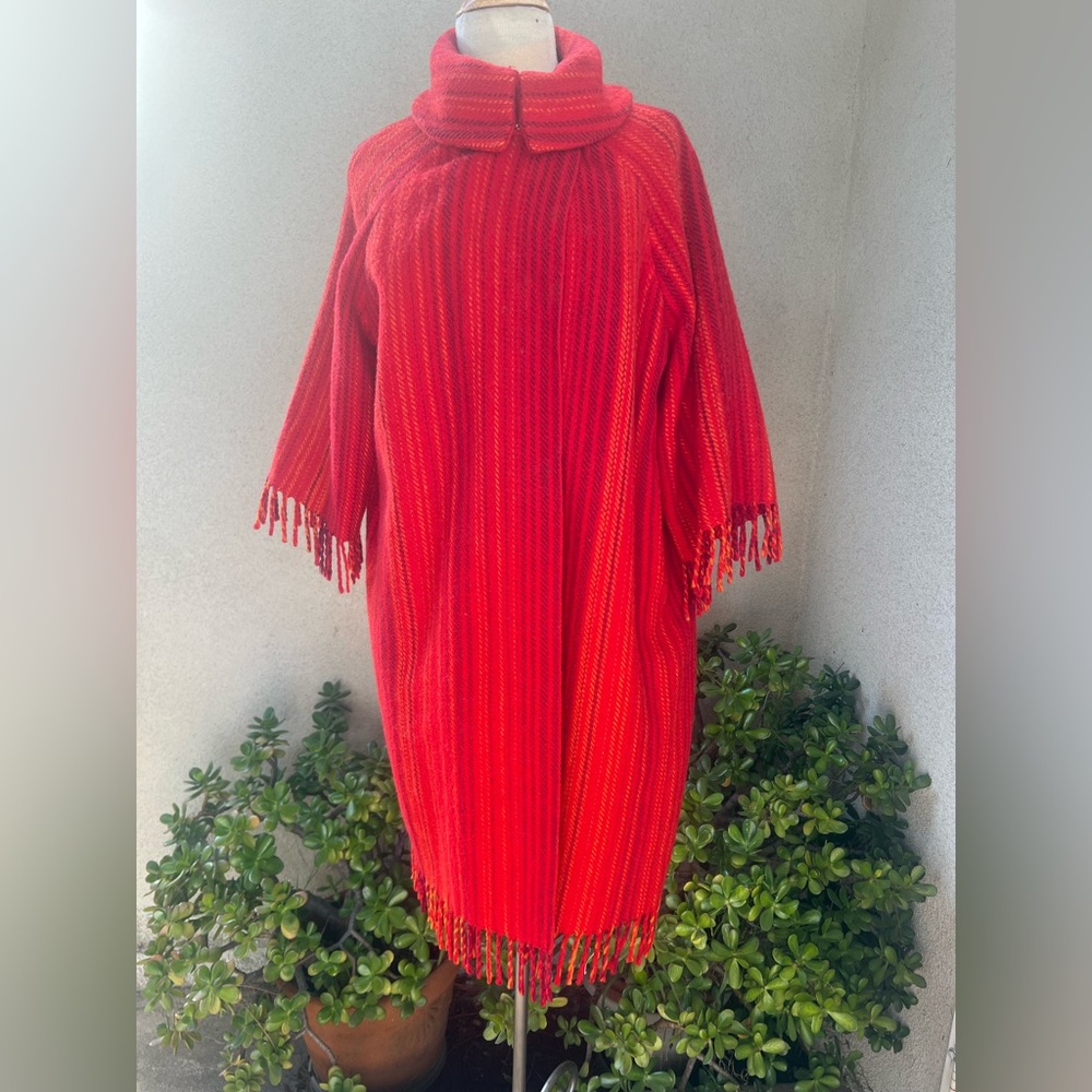 Vintage 70s wool boho jacket fringe trim red stripes Sz S/M